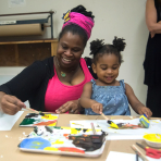 An adult and child painting together